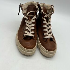 Paul Green Novi Women Sz 7.5 Sz US 10 High Top Cognac Washed Leather Msrp $475.